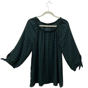 TALBOTS plaid peasant blouse green and blue 1X